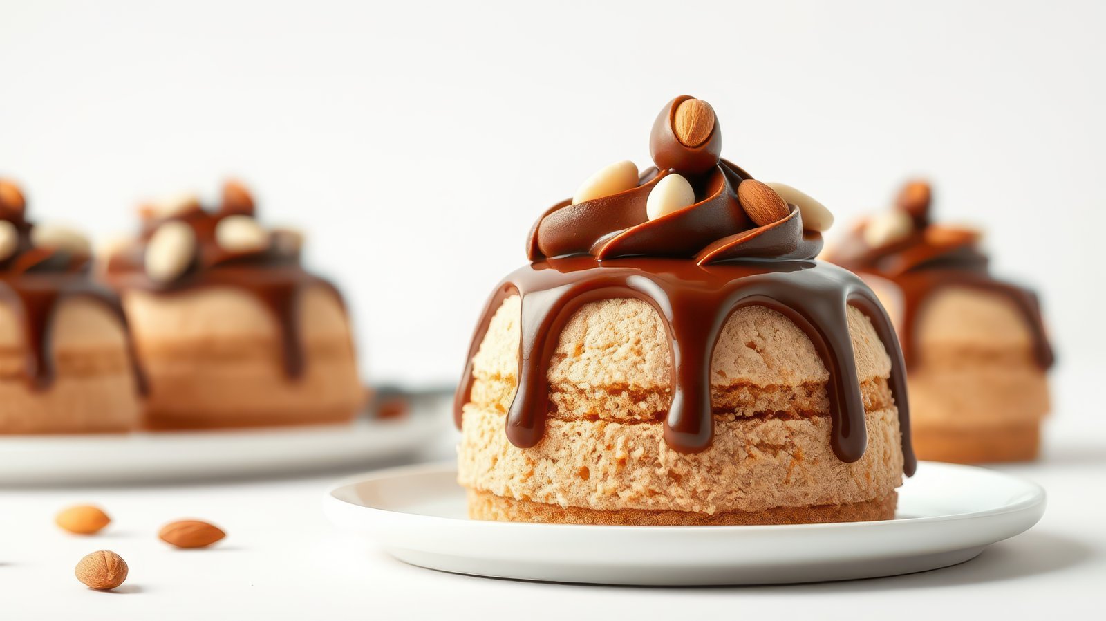 Delicious dessert with chocolate icing and nuts on display in a bright setting